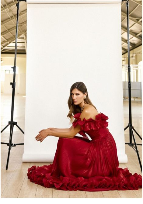 abito con rouche allo scollo e sul fondo MAESTRI | Abiti | 5200 5200FROSSO